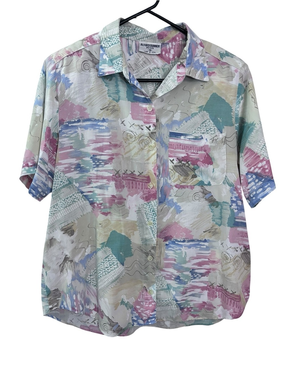 90s Alfred Dunner Pastel Abstract Button-Front Shirt in Mint, Pink & Lavender 16